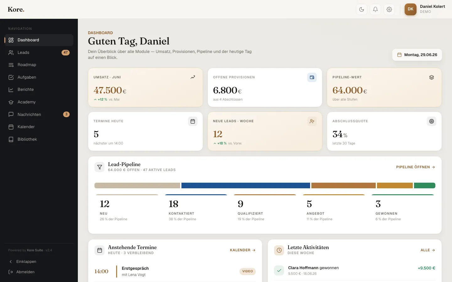 Kore, Dashboard mit Umsatz, Provisionen und Pipeline